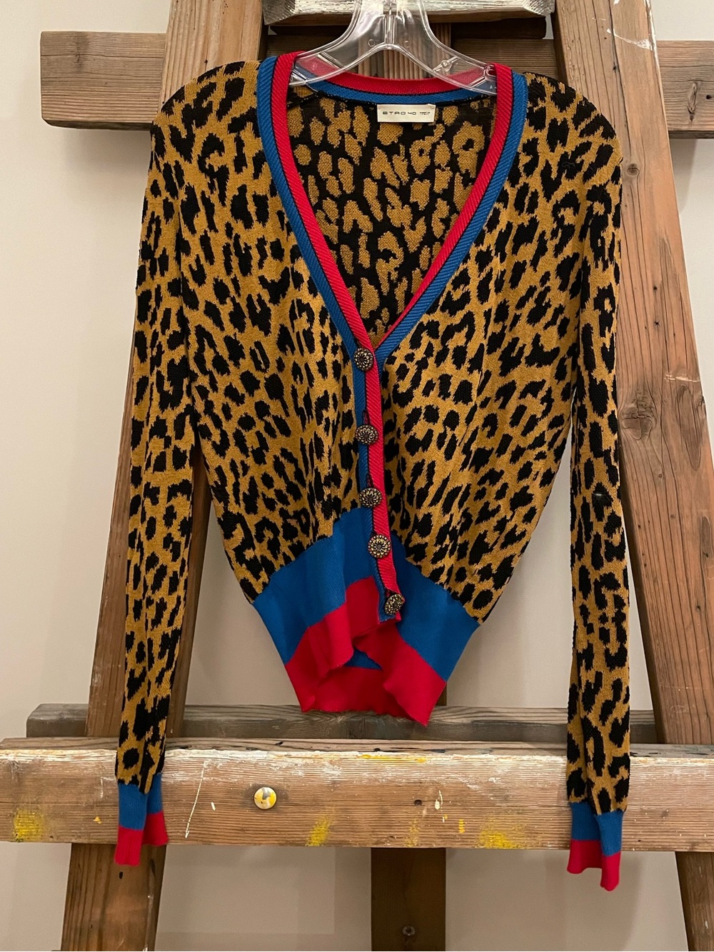 Etro Leopard Knit Cardigan with Red & Blue Rib Trim